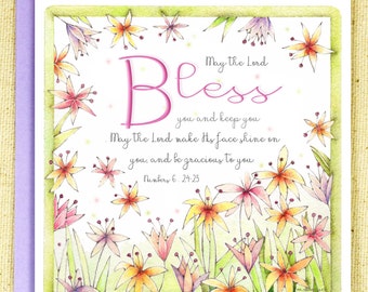 Bible Verse Note Card, Floral Scripture Note Card, "May the Lord Bless you and keep You", Scripture- Numbers 6: 24-25