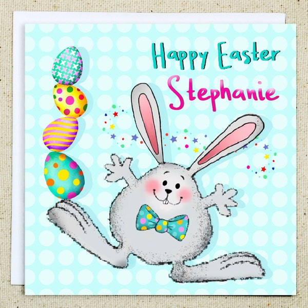 Personalized Children's Easter Card featuring a Cute Bunny and Easter Eggs