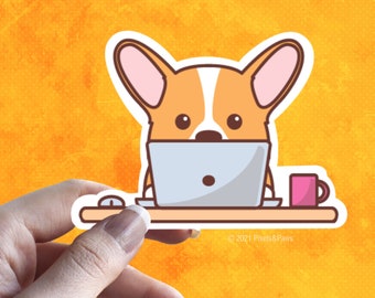 Cute Corgi Sticker, Corgi Working on Laptop, Corgi Sticker, Corgi Lover Sticker, Animal Sticker, Dog Lover Gift, Cool Sticker, Corgis