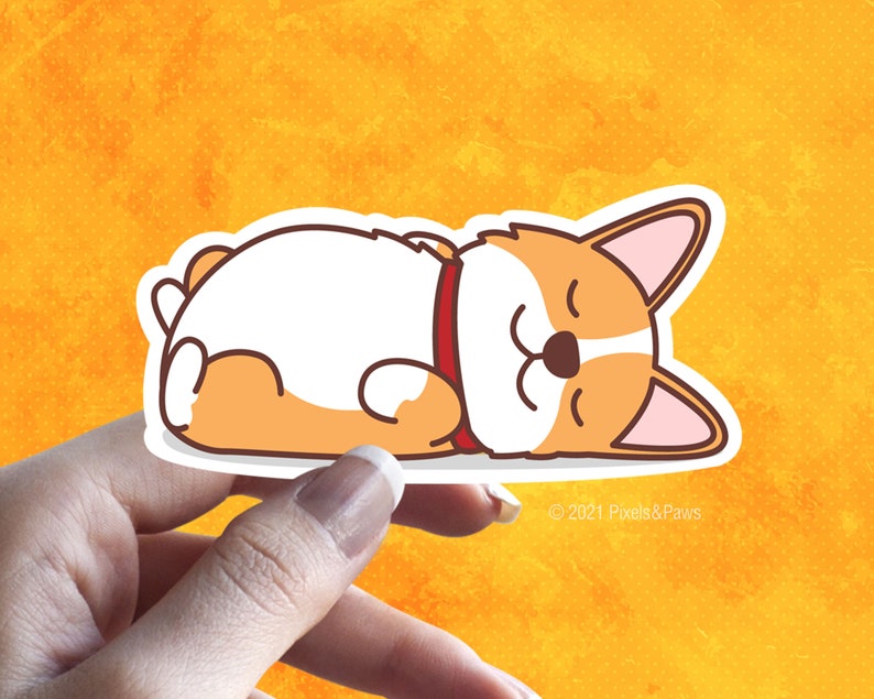 May include: A cartoon illustration of a sleeping corgi dog with a red collar. The dog is lying on its back with its paws in the air. The background is a yellow watercolour wash.