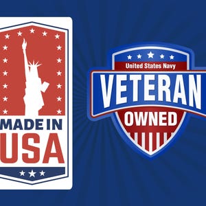 May include: A red, white and blue badge with the text "United States Navy Veteran Owned" in white letters. The badge is in the shape of a shield with a red, white and blue striped pattern.