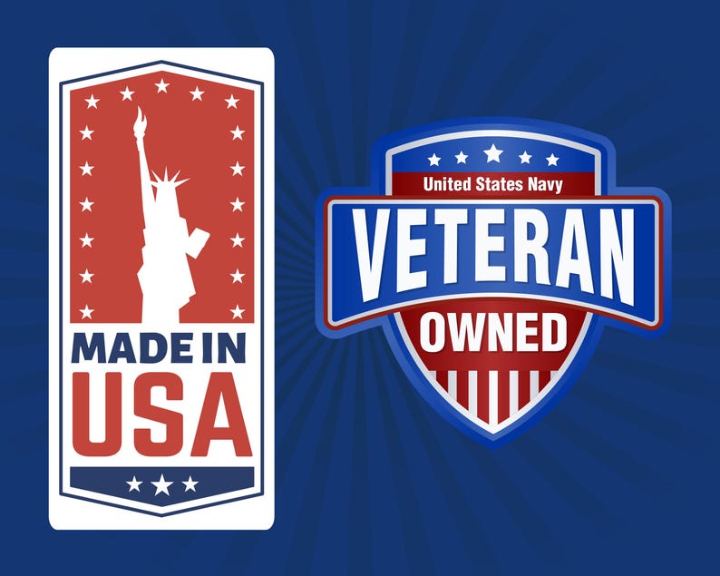 May include: A red, white and blue badge with the text "United States Navy Veteran Owned" in white letters. The badge is in the shape of a shield with a red, white and blue striped pattern.