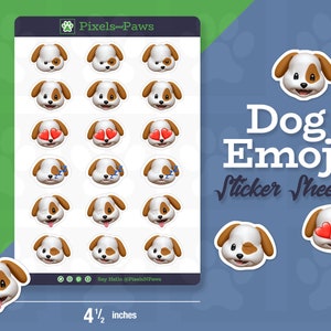 May include: A sticker sheet with 18 different dog emoji designs. The sheet is 6 1/2 inches by 4 1/2 inches and features various dog expressions, including hearts, sleeping, and winking. The sheet is titled "Dog Emoji Sticker Sheet".