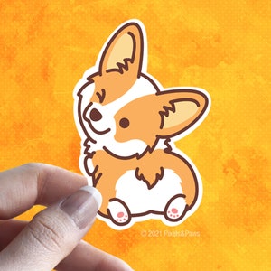Op de afbeelding: Een cartoonillustratie van een bruine en witte corgi-hond met een gelukkige uitdrukking. De hond zit met zijn rug naar de kijker en zijn staart opgerold. De hond is zwart omlijnd en heeft een witte achtergrond.