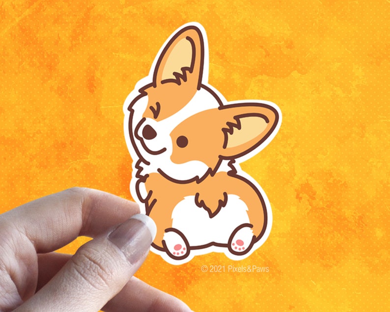 Op de afbeelding: Een cartoonillustratie van een bruine en witte corgi-hond met een gelukkige uitdrukking. De hond zit met zijn rug naar de kijker en zijn staart opgerold. De hond is zwart omlijnd en heeft een witte achtergrond.