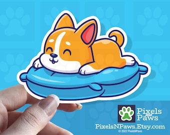Cute Corgi Sticker Sleeping on Dog Bed, Corgi Sleeping, Corgi Lover Sticker, Animal Sticker, Dog Lover Gift, Cool Sticker, Corgis