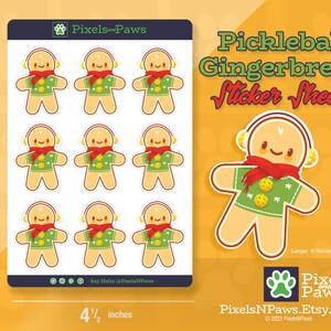 Pickleball Gingerbread Sticker Sheet, Pickleball Stickers, Pickleball Sticker Sheet, Planner, Journal, Scrapbook, Notecards, Cards - LARGE