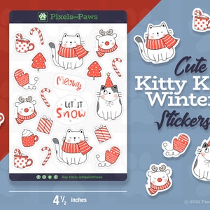 Sticker Sheet: Winter Cat | Cat Sticker Sheet, Cute Kitty Kat Winter Stickers, Planner, Journal, Scrapbook, Winter, Cat Stickers
