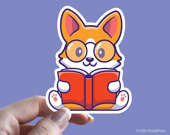 Corgi Reading, Cute Corgi Reading Sticker, Corgi with Book, Corgi Lover Sticker, Animal Sticker, Book Lover Gift, Cool Sticker, Corgis