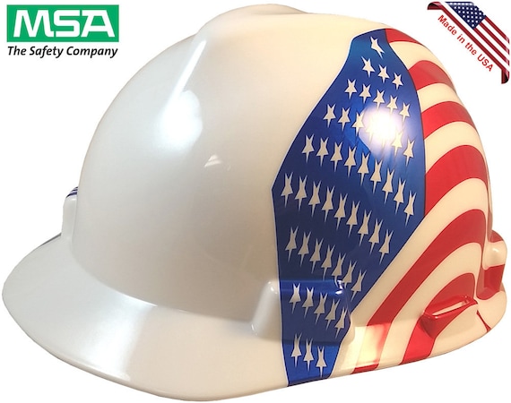 Casque de chantier MSA V-Gard avec double drapeau américain des deux côtés  avec suspension à cliquet -  France