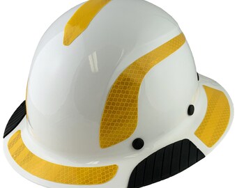 DAX Fiberglass Composite Hard Hat - Full Brim White with Reflective Yellow Decal Kit Applied