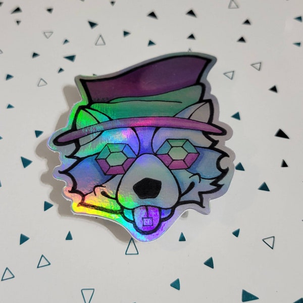 Party Animal - Holographic Vinyl Sticker - Sapphire Raccoon - Original Artwork | EDM | Party | Festival | Festie |  Acid | LSD | Trippy