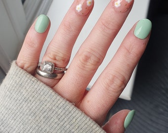 Sage Florals - Set of 10 Short or Medium Length Round Coffin Stiletto Square Oval Gel False Nails - PaigesPressOns