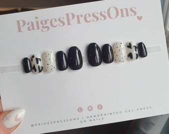 Monochrome Hearts - Set of 10 Short or Medium Length Round Coffin Stiletto Square Oval Gel False Nails - PaigesPressOns