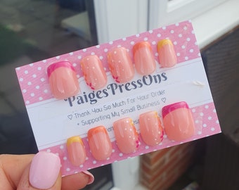 Sunset - Set of 10 Short or Medium Length Round Coffin Stiletto Square Oval Gel False Nails - PaigesPressOns