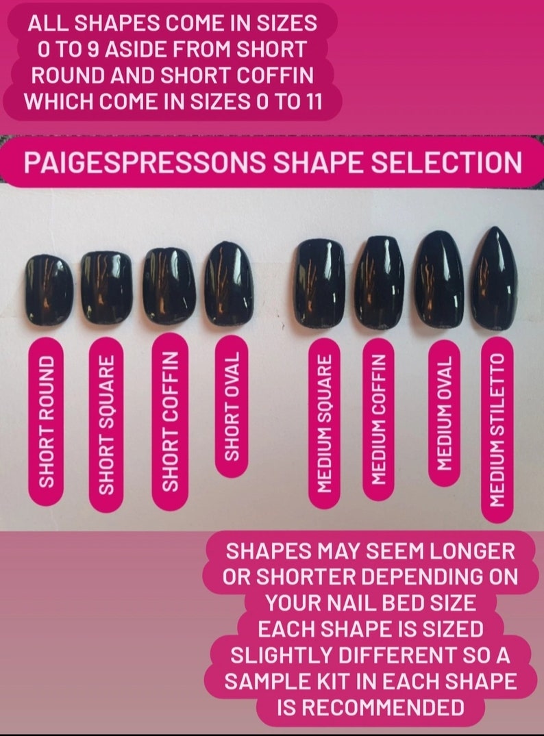 May include: Image displaying different black nail shapes: Short Round, Short Square, Short Coffin, Short Oval, Medium Square, Medium Coffin, Medium Oval, and Medium Stiletto. Sizes range from 0-9, with Short Round and Coffin up to 11. Text provides shape selection information.