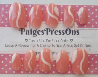 Strawberries + Cream - Set of 10 Short or Medium Length Round Coffin Stiletto Square Oval Gel False Nails - PaigesPressOns