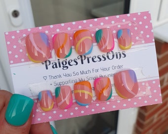 Summertime - Set of 10 Short or Medium Length Round Coffin Stiletto Square Oval Gel False Nails - PaigesPressOns