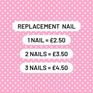 May include: A pink background with white polka dots and a price list for replacement nails. The price list shows the cost of 1, 2, and 3 nails in British pounds.