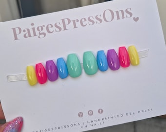 Summer Brights - Juego de 10 uñas postizas de gel ovaladas cuadradas, de estilo ataúd, redondas, de longitud corta o media - PaigesPressOns