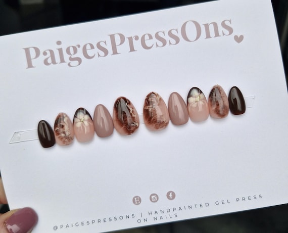 Cream + Cocoa - Set of 10 Short or Medium Length Round Coffin Stiletto Square Oval Gel False Nails - PaigesPressOns