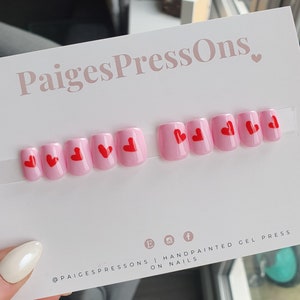 Heart to Heart - Set of 10 Short or Medium Length Round Coffin Stiletto Square Oval Gel False Nails - PaigesPressOns