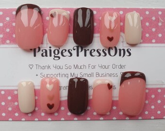 Neutrals - Set of 10 Short or Medium Length Round Coffin Stiletto Square Oval Gel False Nails - PaigesPressOns