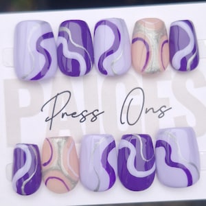 Purple Daze - Set of 10 Short or Medium Length Round Coffin Stiletto Square Oval Gel False Nails - PaigesPressOns