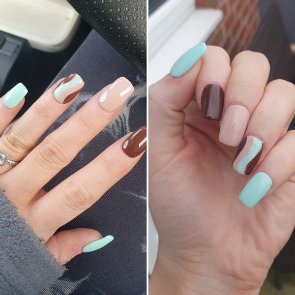 Mint Chocolate Chip - Set of 10 Short or Medium Length Round Coffin Stiletto Square Oval Gel False Nails - PaigesPressOns