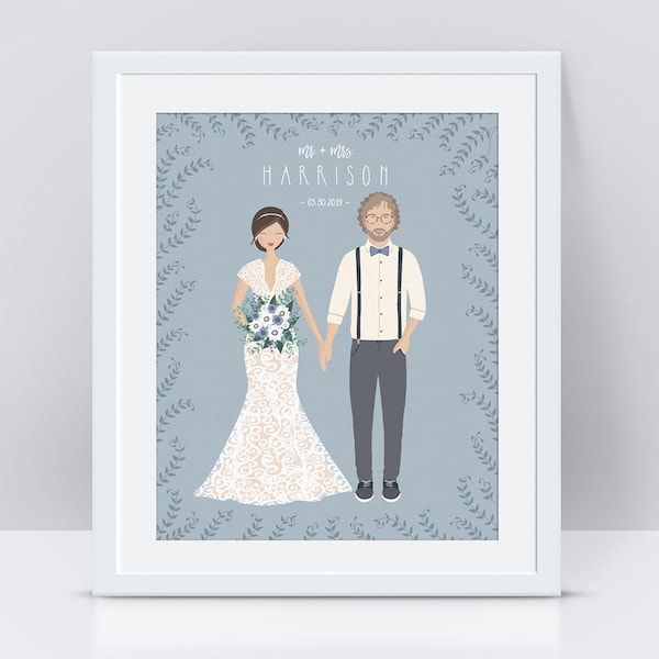 Custom Wedding Portrait PRINTABLE, Personalized Couple Illustration, 1st Anniversary Gift for Husband, Wife, Wedding Guest Book Alternative