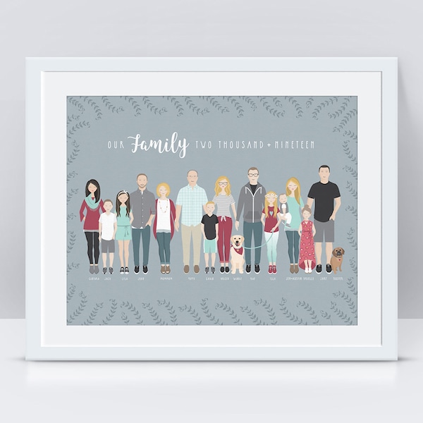 Custom Family Portrait PRINTABLE, Personalized Extended Family Illustration, Illustrated Portrait, Anniversary Gift for Parents Grandparents