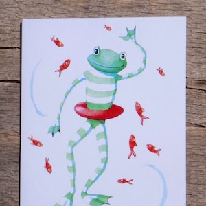 Wenskaart kikker, gelukkige kikker kaart, zwaaien, vis, zwemmen, gestreept, illustratie, babykaart, verjaardagskaart, aquarel wenskaart