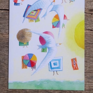 Carta spiaggia, Carta mare, Mare, Costa, Nautica, Biglietto di auguri, Vista a volo d'uccello, Prendere il sole, Uccelli, Sabbia, Sole, Vacanze, Buon viaggio