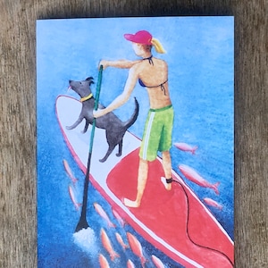 Prancha de paddle, SUP, cartão de felicitações, prancha de stand up paddle, remo, prancha, cachorro preto, mar, esportes aquáticos, oceano, cartão náutico, ilustração