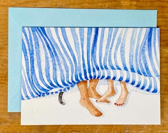 Gestreifte Katzen Bettdecke: Aquarell Karte zum Jubiläum, Valentinstag, Geburtstag, innen blanko