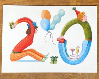 Biglietto d'auguri umoristico per il 20° compleanno o anniversario con acquerello