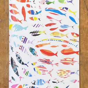 Fish notebook, fish, school of fish, ocean, sea, watercolour cover, illustrated notebook, plain paper, colourful fish, sea life, sketchbook
