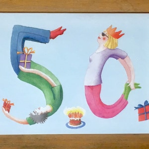 50、50年、50歳のお誕生日おめでとう、50周年記念カード、50歳の誕生日カード。イラスト入りカード、誕生日カード、50年、招待状。