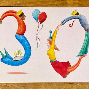 30, 30e kaart, 30e verjaardag, 30e, wenskaart, gelukkige 30e verjaardag, 30e verjaardagskaart, dertig jaar, 30 jaar, geïllustreerde kaart.
