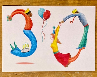 Biglietto di auguri umoristico per il 30° compleanno, illustrazione ad acquerello