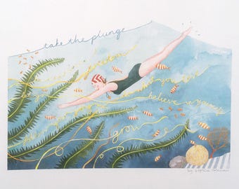 Swimming Watercolour Art Print, Woman Diving into Sea
