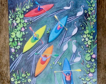 Watercolour Kayak Card, River Paddling, Watersport Art