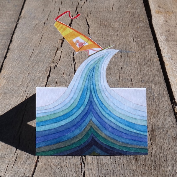 Carta pop-up. Carta del mare. Carta di windsurf. Acquerello. Tavola da surf. Windsurfista. Onda. Illustrazione. Pittura. Ritagliare. Tagliato a mano. Grande onda blu