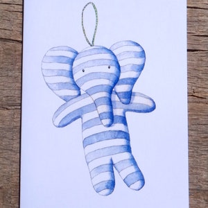 Ilustración, Tarjeta de bebé, Nueva tarjeta de bebé, Bebé niño, Tarjeta de acuarela, Tarjeta de elefante, Rayas, Elefante azul, Tarjeta de felicitación, Recién llegado, Juguete