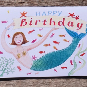 carte de voeux sirène, carte de la mer, poisson, carte de natation, carte de l'océan, illustration à l'aquarelle, peinture, carte nautique, carte de poisson