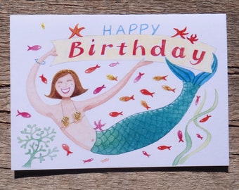 Tarjeta de feliz cumpleaños de sirena, ilustración marina en acuarela