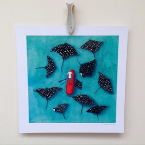 SUP art print, Stand up paddle board print, Nautical wall art, Illustration, Eagle Rays, Watersport print, Home decor, Paddle board print