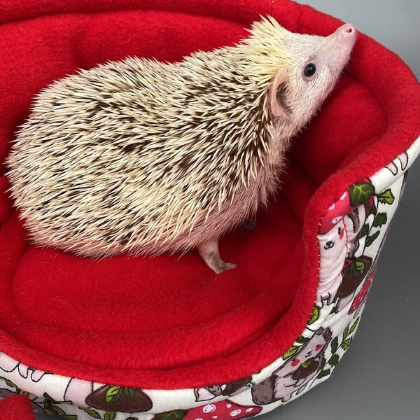 Hedgehogs with Mushroom Hats cuddle cup. Pet sofa. Hedgehog and small guinea pig bed. Small pet beds. Fleece sofa bed.