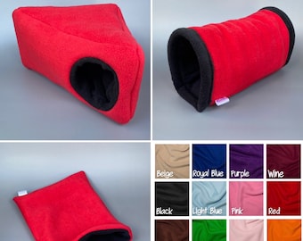 May include: A red fleece cat bed in the shape of a triangle with a black fleece lining. The bed has a round opening for the cat to enter. The image also shows a red fleece cat tunnel with a black fleece lining. The image shows a color chart with 15 different colors of fleece.