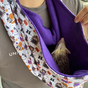 May include: A purple and white Halloween-themed pet carrier with a hedgehog inside. The carrier has a white fabric exterior with a repeating pattern of black cats, pumpkins, and bats. The interior is a soft purple fleece.